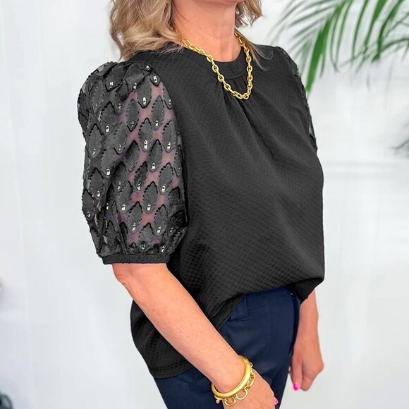 🖤 Elegant Black Feather Sleeve Textured Blouse – Size M - Picture 2 of 8